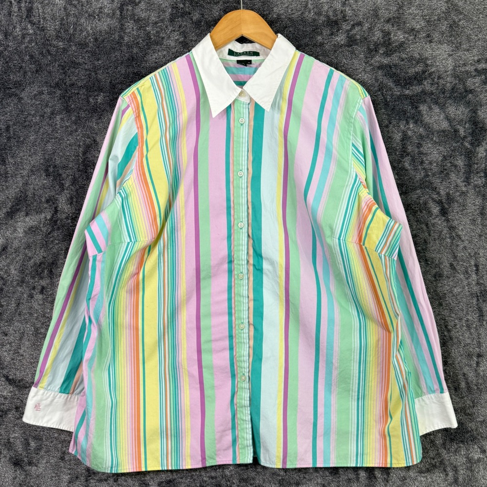 Lauren Ralph Lauren Womens Striped Button Up Shirt 2X Pastel Multicolor Preppy